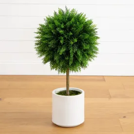 2.5’ UV Resistant Artificial Cedar Ball Topiary Tree in White Decorative Planter (Indoor/Outdoor)