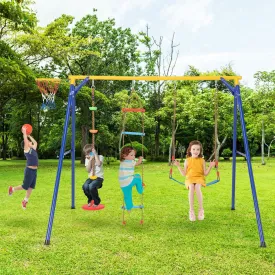 4-in-1 Heavy Duty Swing Set with 1 Basketball Hoop and 1 Adjustable Belt Swing-Blue &amp; Yellow