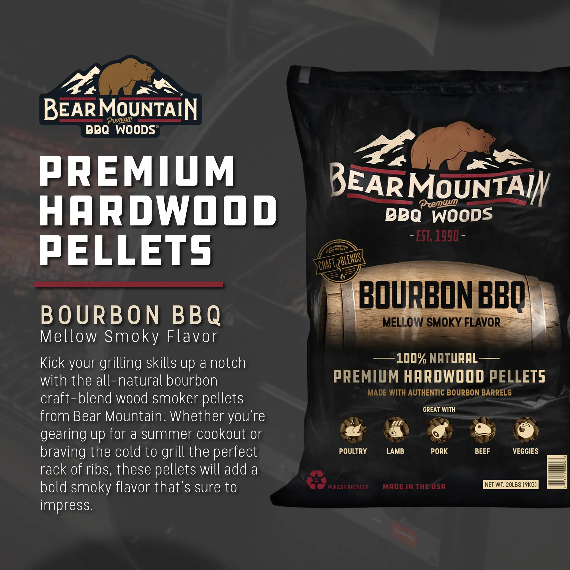 Bear Mountain BBQ All Natural Bourbon Craft Blend Wood Smoker Pellets, 20 Pounds