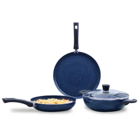 Galaxy Cookware 4 Piece Set | 24 cm Kadhai with Lid, 24 cm Fry Pan, 28 cm Dosa Tawa | Induction Friendly | Cool Touch Bakelite Handles | Pure Grade Aluminium| PFOA Free| 2 Years Warranty | Midnight Blue