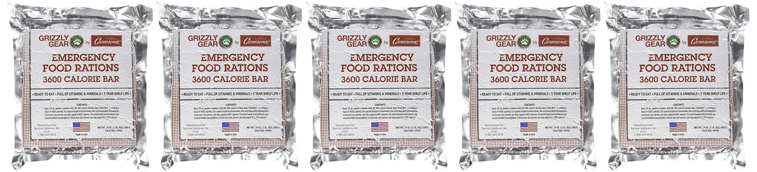 Grizzly Gear Emergency Food Rations 5 Pack - 3600 Calorie Bar - 15 Day Supply