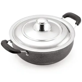 Magnus Optima Non-Stick Aluminum Deep Kadai with Stainless Steel Lid,190 mm/1.5 Litres, Hammertone Finish,(Black & Grey)