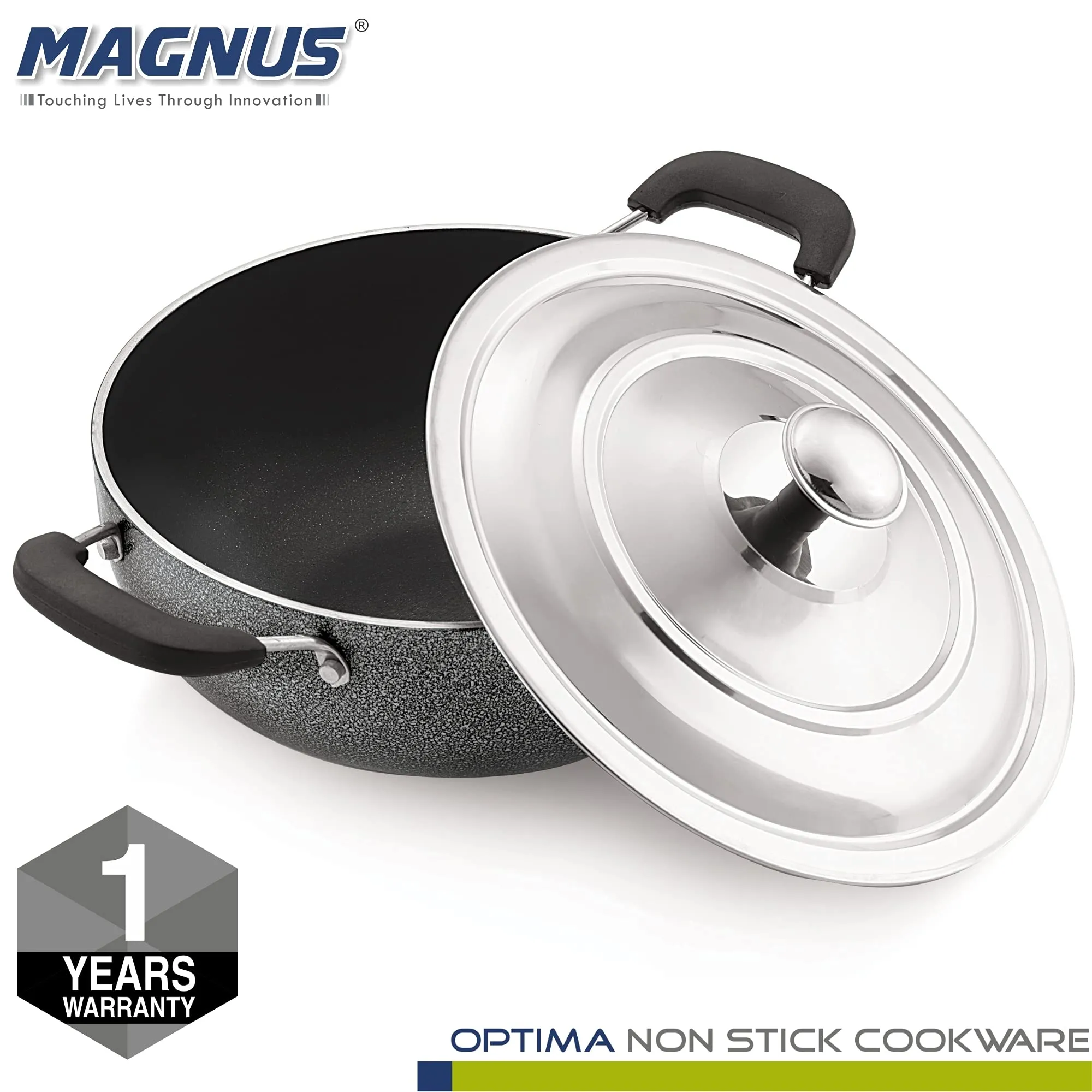 Magnus Optima Non-Stick Aluminum Deep Kadai with Stainless Steel Lid,190 mm/1.5 Litres, Hammertone Finish,(Black & Grey)