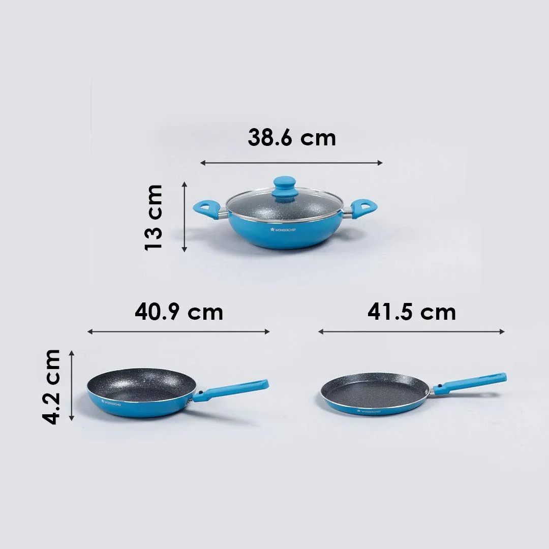 Power Non-Stick Cookware 4 Piece Set | Kadhai with Glass Lid 2.6L, Dosa Tawa 25cm, Fry Pan 24cm | Induction Friendly Bottom | Soft Touch Handles | Pure Grade Aluminium | PFOA Free | 2 Years Warranty | Blue