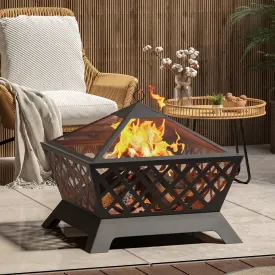 Square Outdoor Grid Fire Pit Steel Camping BBQ Grill Burner 63.5cm